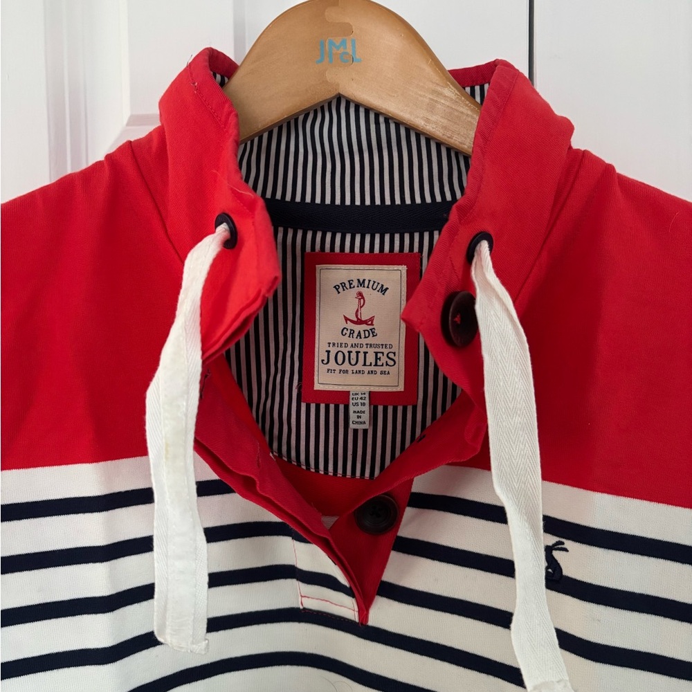 Joules Red and White Striped Hooded Sweatshirt